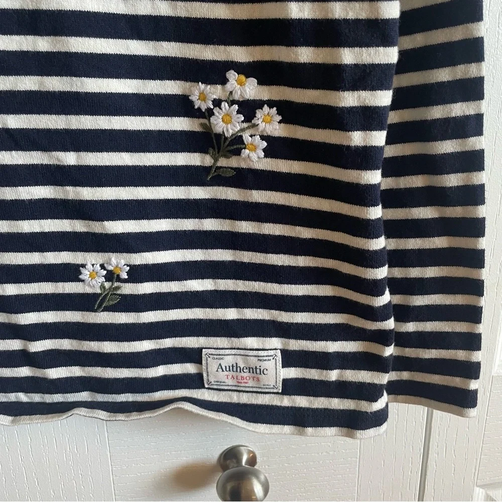Talbots Striped Long Sleeve Top Womens L Floral Embroidered Basic Classic Preppy - Picture 6 of 15
